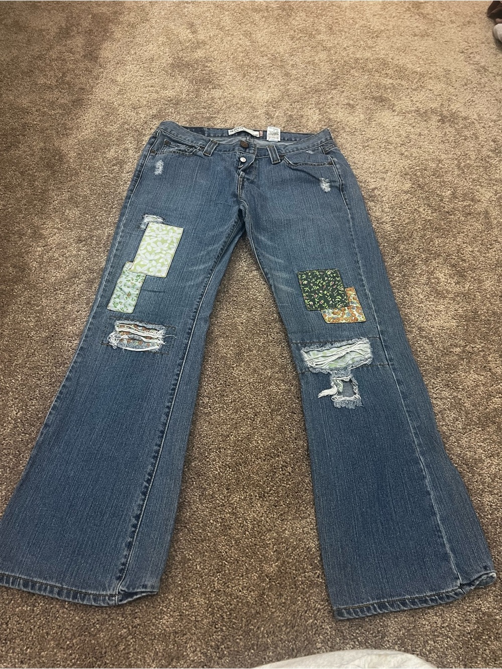 VINTAGE Levi's Blue Patchwork Bootcut Jeans with Green & Cream Accents